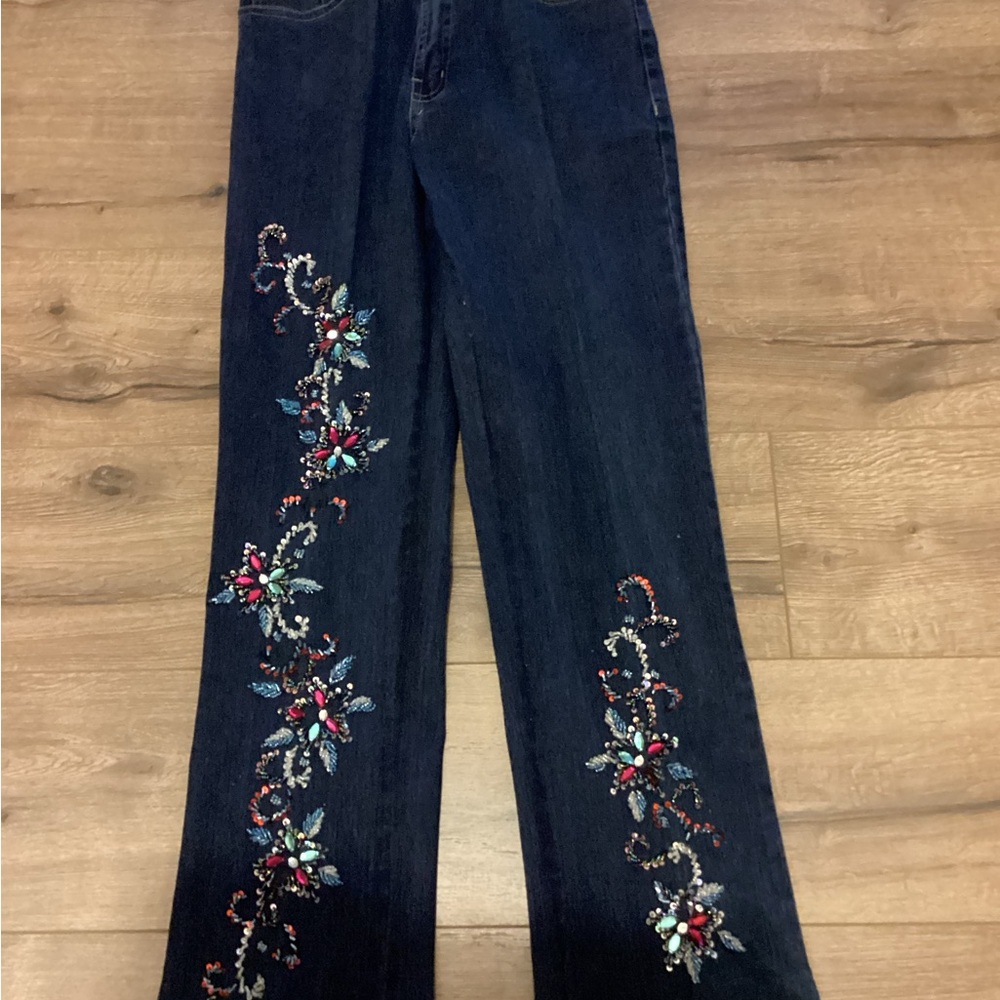 24 Karat 24K Blue Denim Jeans Bohemian Sequin Embellished Boho Womans sz6P